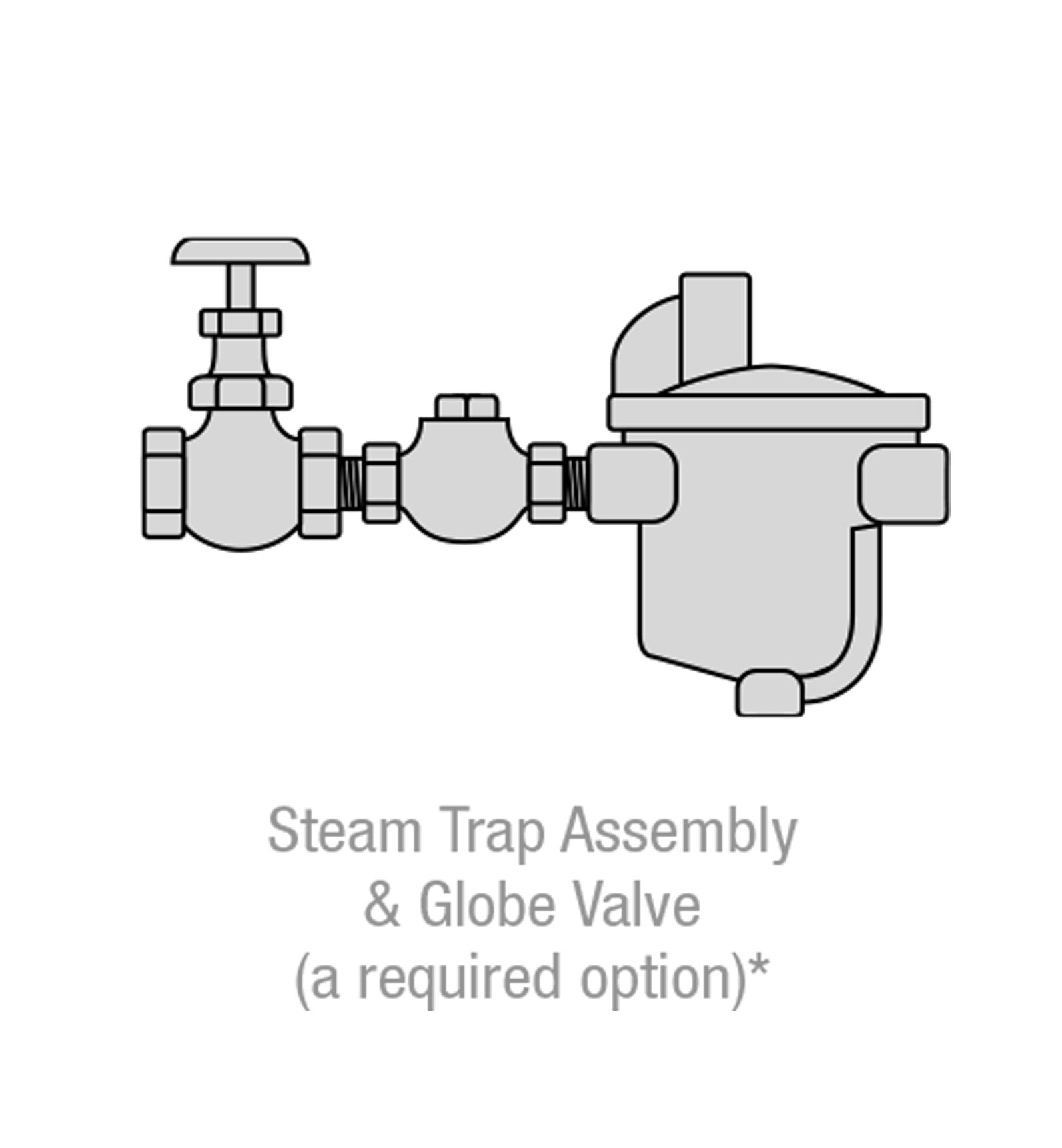 Steam trap assembly and globe valve with welded construction and tamper-resistant screws for secure operation and maintenance.