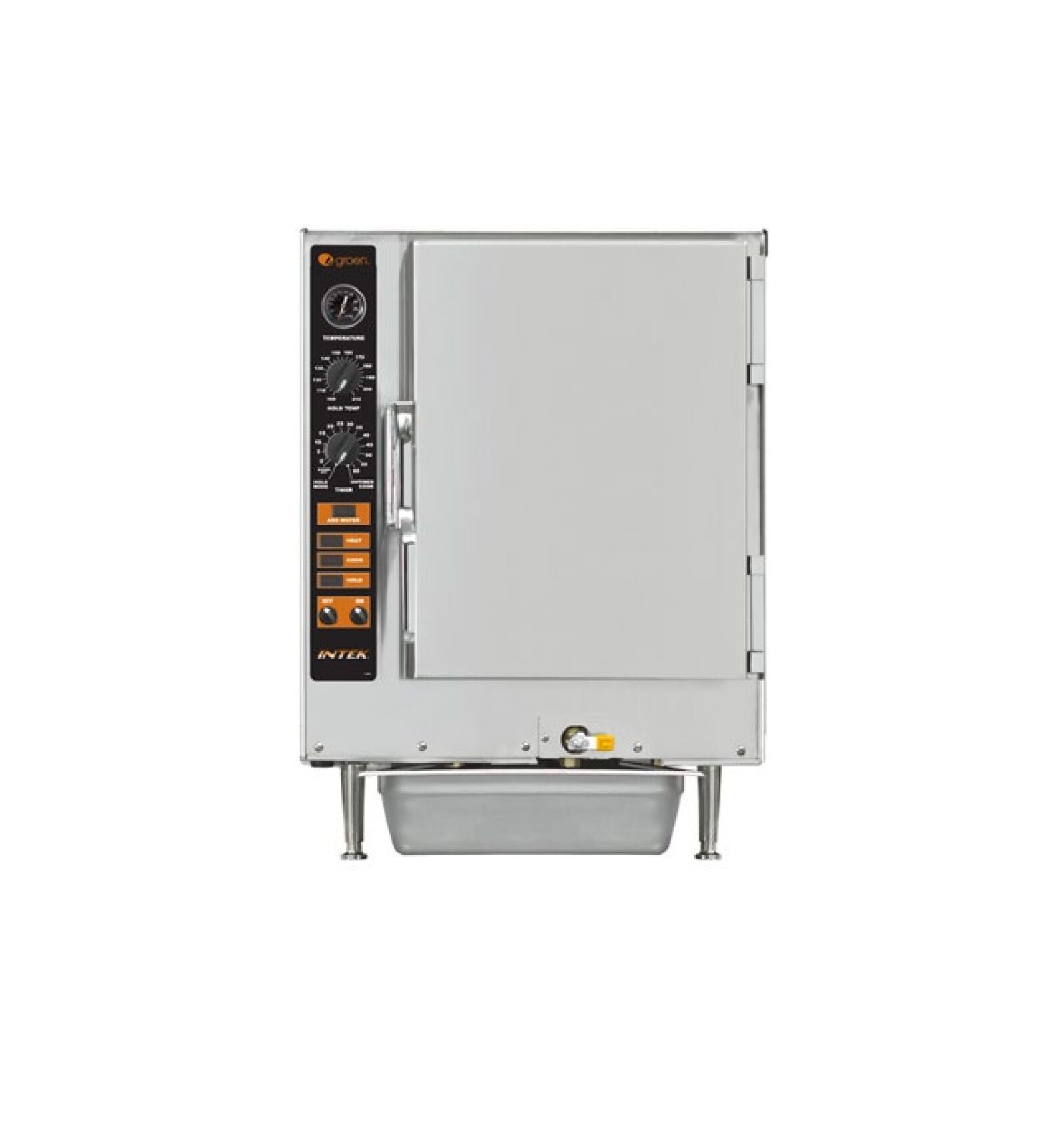 Open door of a Groen XS-480 electric oven, showcasing its high-performance steam cooking capabilities for commercial use.